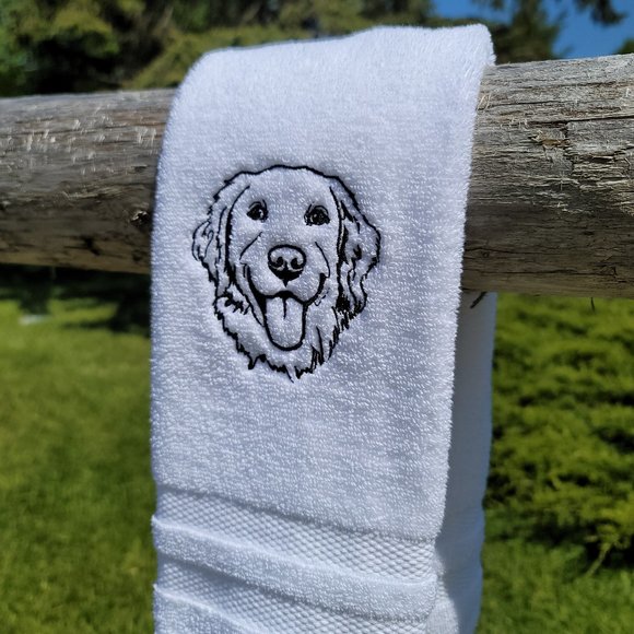 GOLDEN RETRIEVER hand towel - Embroidered GOLDEN RETRIEVER white bath towel. - Picture 2 of 7